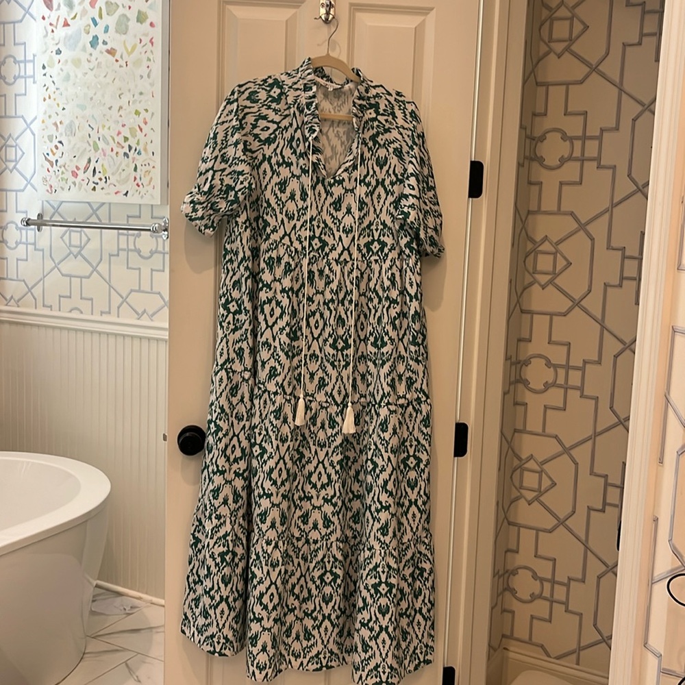 Green Ikat Maxi Dress with Tassel Tie
